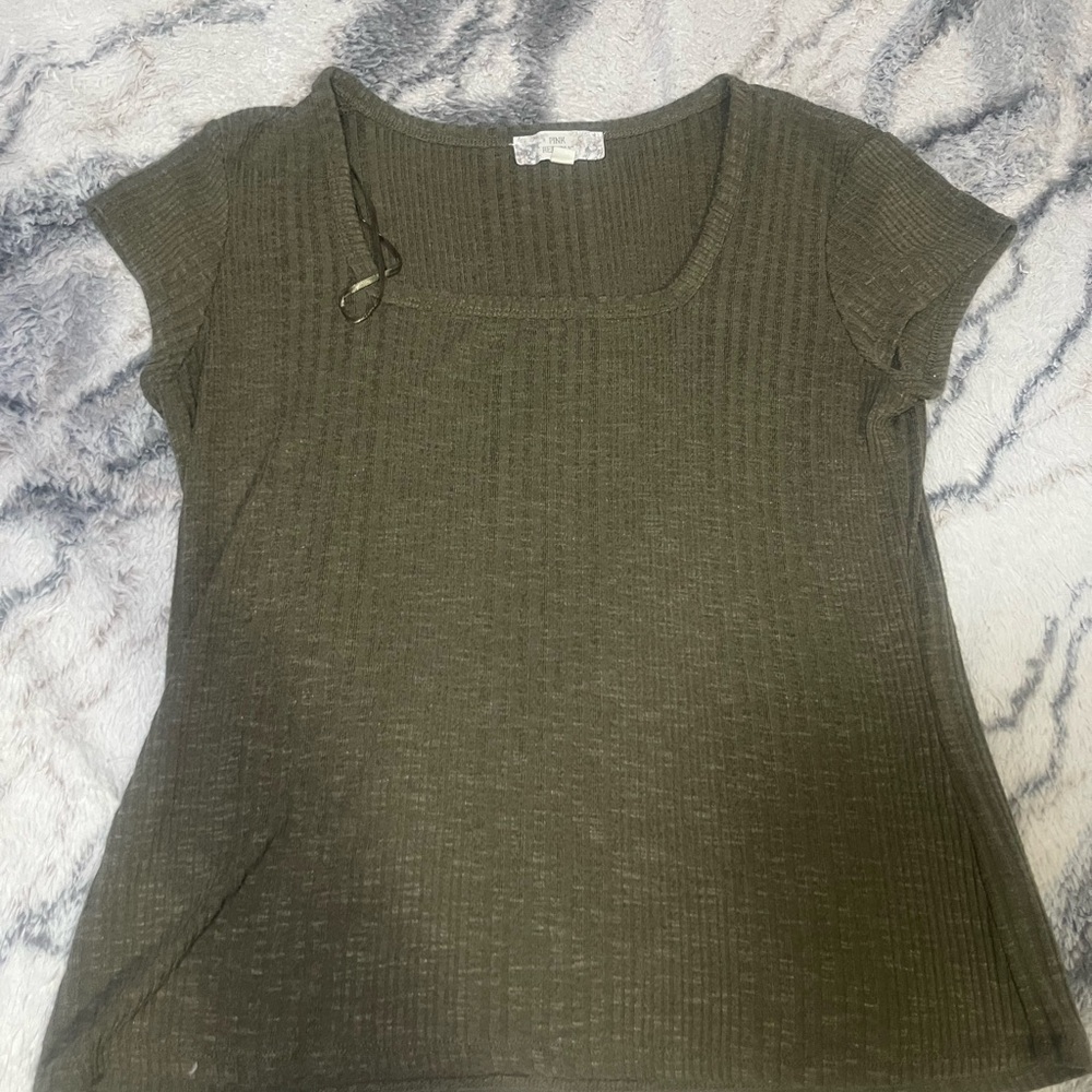 Pink Republic Olive Ribbed Square-Neck Short Sleeve Top